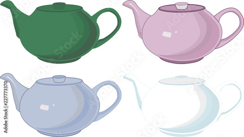 Chinese teapots of different colors, isolated, vector dawing