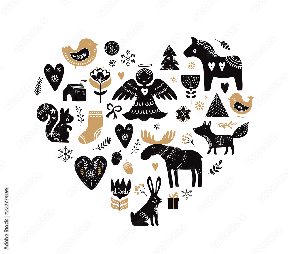 Naklejka premium Christmas illustrations, banner design hand drawn elements in Scandinavian style