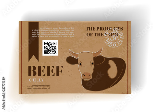 Realistic cardboard box with beef meat. Package design. Vector.