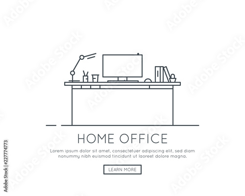 Home office or working at home concept. Computer on desk, books and table lamp. Workspace and business place. Workplace at home. Thin line vector trendy illustration banner.
