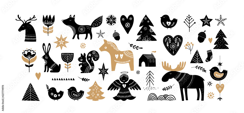 Christmas illustrations, banner design hand drawn elements in Scandinavian style
