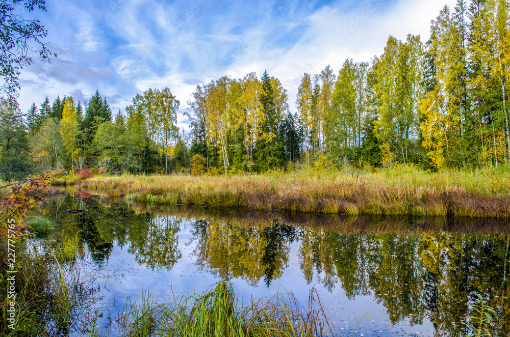 October, autumn forest is reflected in the blue water of the river