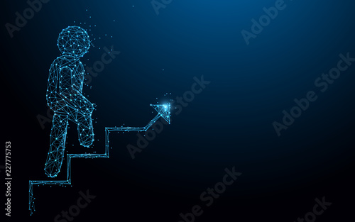 Businessman is walking on Growing bar graph icon form lines  triangles and particle style design. Illustration vector