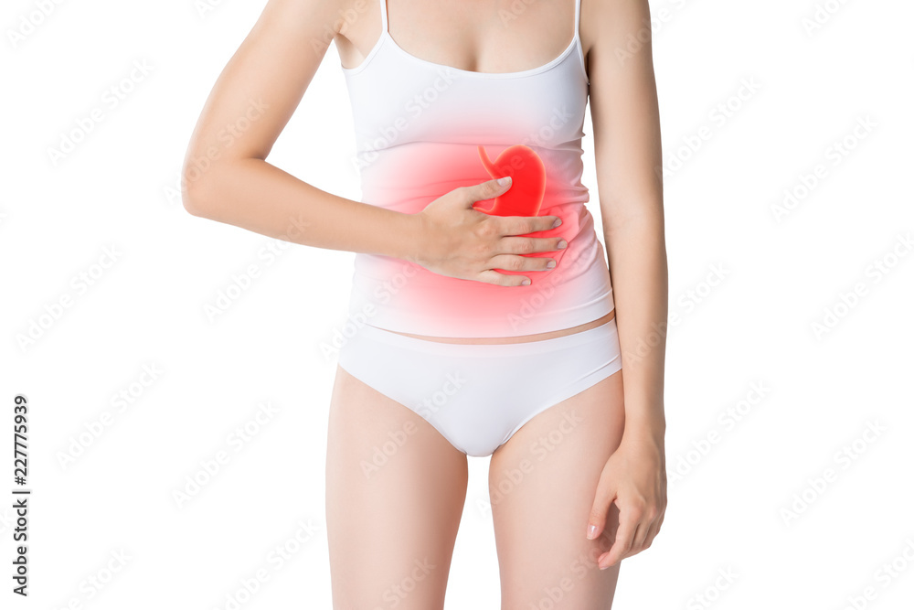 Woman with abdominal pain, stomachache isolated on white background