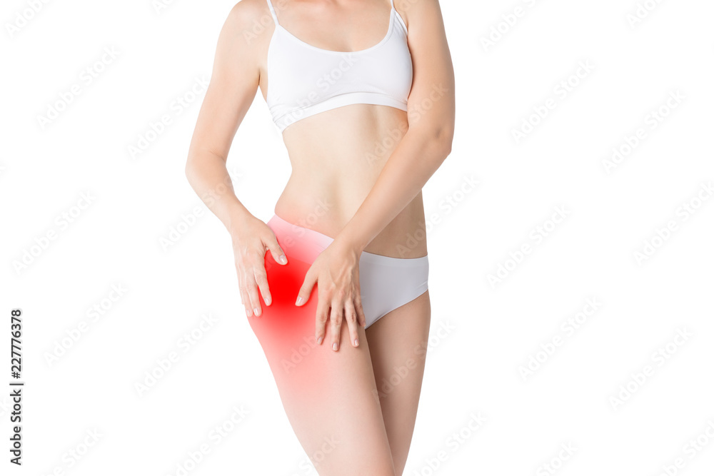 Woman with pain in thigh isolated on white background