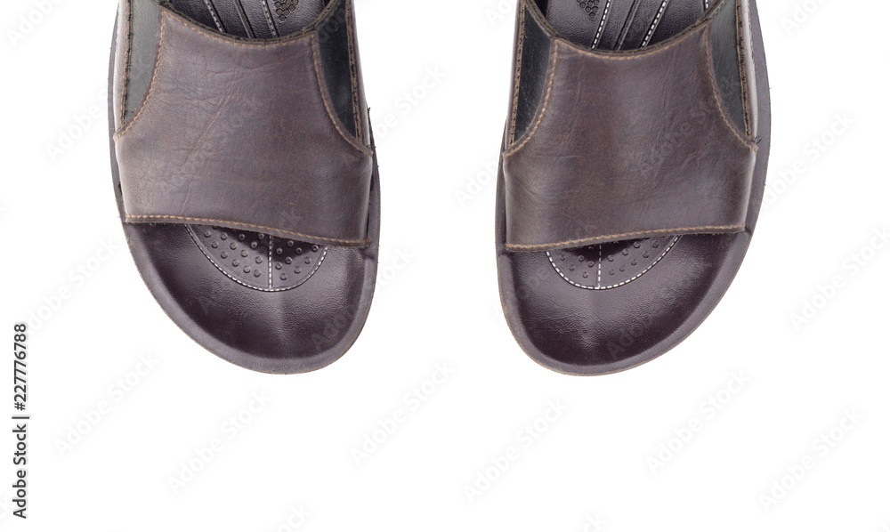 Men's leather sandals isolated on white background top view Men's leather sandals isolated on white background top view