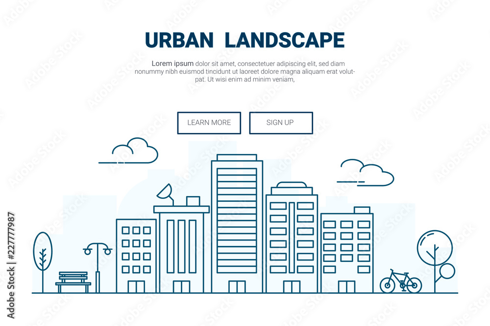 Landscape building on city concept. .design for urban cityscape theme landing page website. Thine Line art.