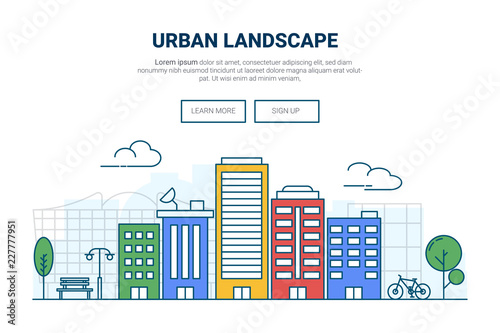 Landscape building on city concept. .design for urban cityscape theme landing page website. Thine Line art.