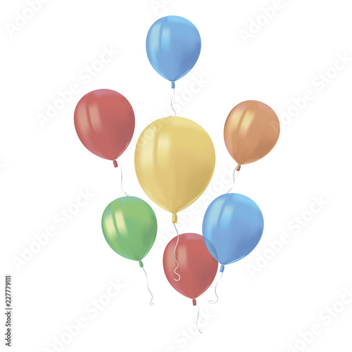 Composition of realistic air flying colorful balloons with reflects isolated on white background. Festive decor element for Birthday party or balloon greeting card design element. Vector.