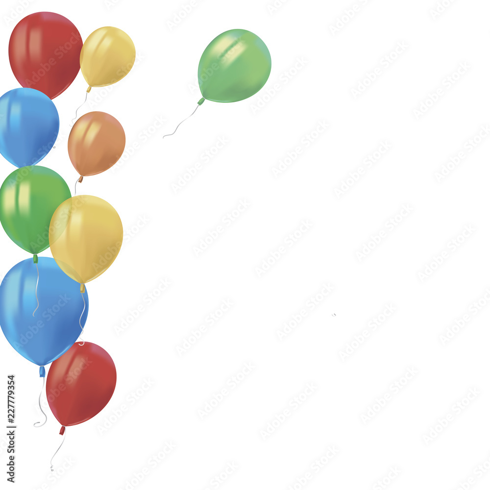 Composition of realistic air flying colorful balloons with reflects isolated on white background. Festive decor element for Birthday party or balloon greeting card design element. Vector.