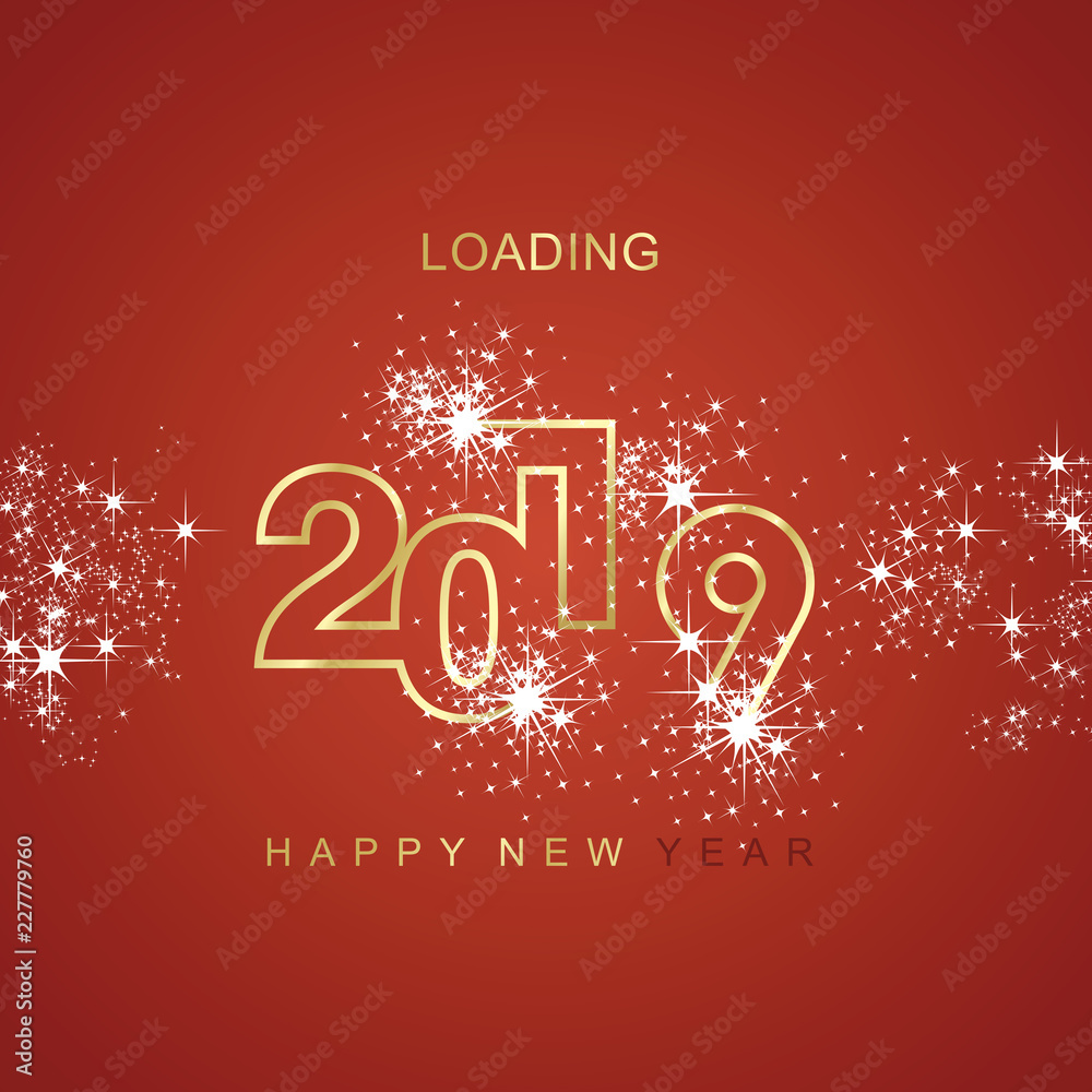 Happy New Year 2019 loading spark firework gold red line vector logo icon banner