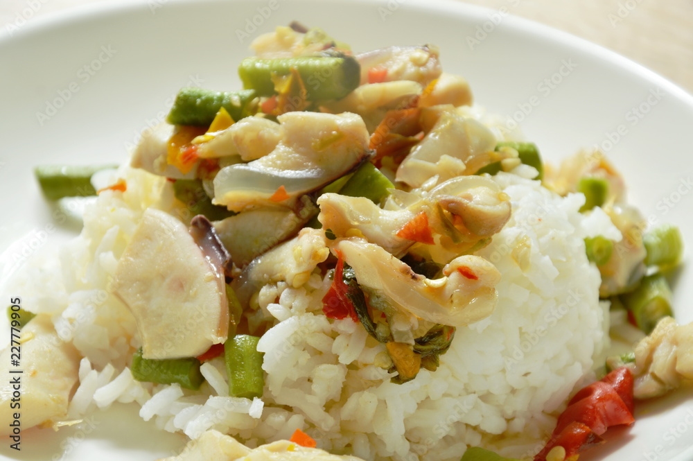 spicy stir fried squid with basil leaf and plain rice on plate