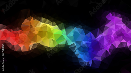 vector abstract irregular polygonal backdrop - triangle low poly pattern - full color spectrum rainbow horizontal strip on black background - red, yellow, green, blue and purple colored