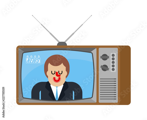 Good news old tv. Nice broadcasting journalist. Man Anchorman in tv studio. Live broadcasting