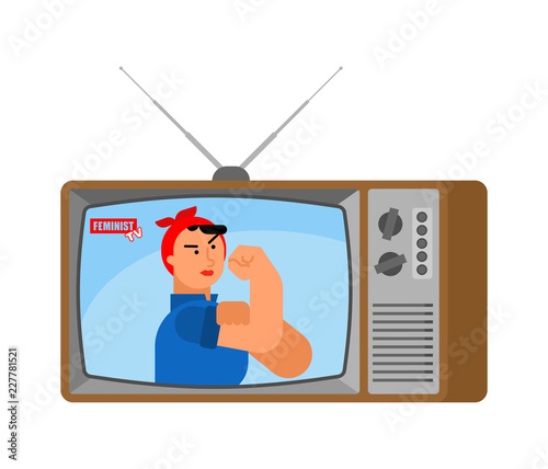 Feminist TV news old television. Woman broadcasting journalist. Female Anchorman in tv studio. Live broadcasting.