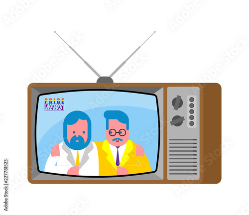 Pride news old television. LGBT TV. Two Guys broadcasting journalist. Gay Anchorman in tv studio. Live broadcasting.
