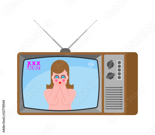 XXX news old TV. Adult channel. Woman broadcasting journalist. Female Anchorman in tv studio. Live broadcasting.