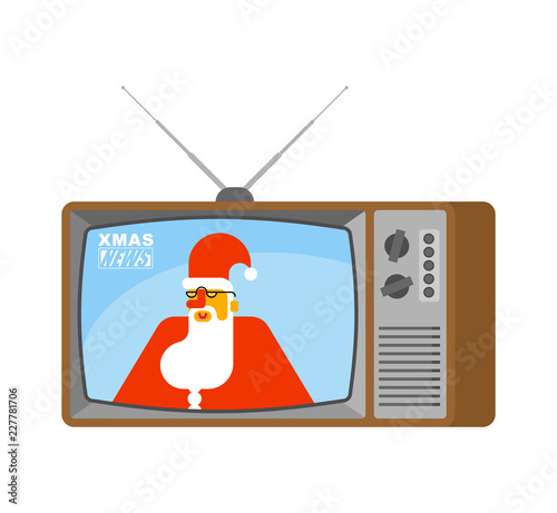 Xmas news old tv. Santa Claus Live broadcasting. Grandfather broadcasting journalist. Christmas Anchorman in tv studio.