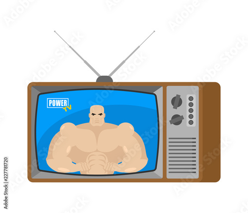 Power TV old television. Bodybuilder broadcasting journalist. Sportsman Anchorman in tv studio. Live broadcasting.