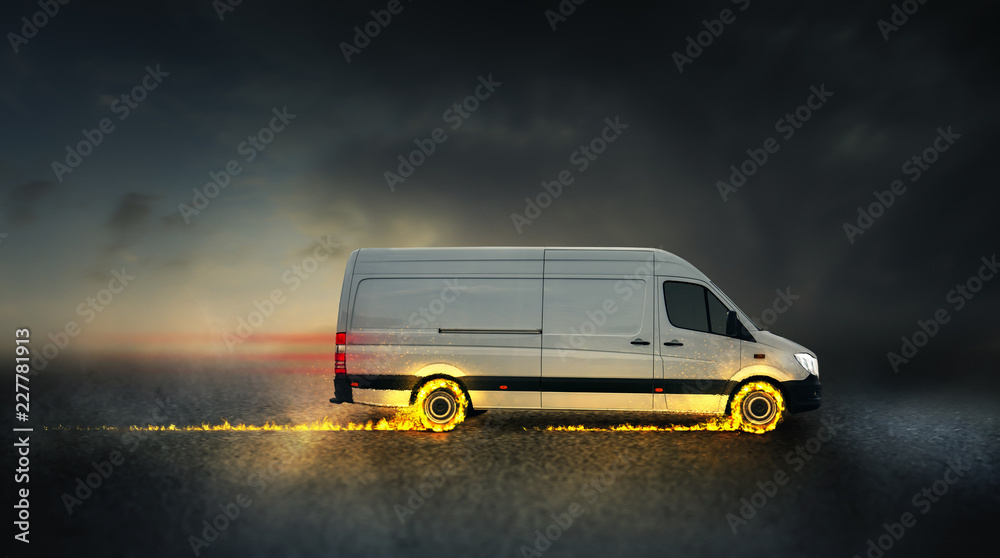 schneller Lieferwagen mit brennenden Reifen Stock Illustration | Adobe Stock