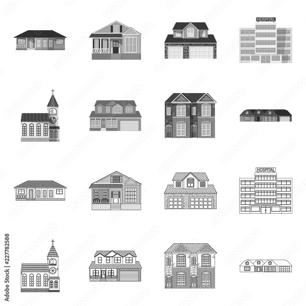 Vector illustration of building and front logo. Collection of building and roof vector icon for stock.
