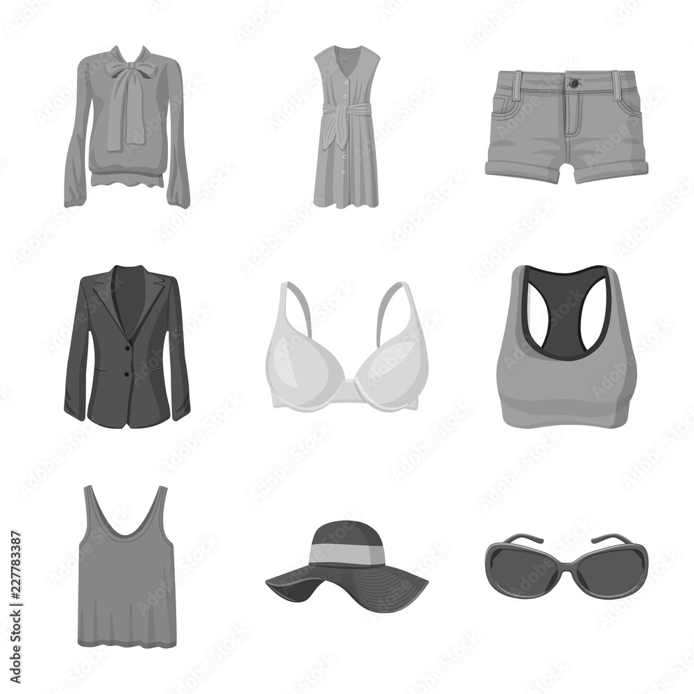 Isolated object of woman and clothing icon. Collection of woman and wear stock vector illustration. Isolated object of woman and clothing icon. Collection of woman and wear stock vector illustration.