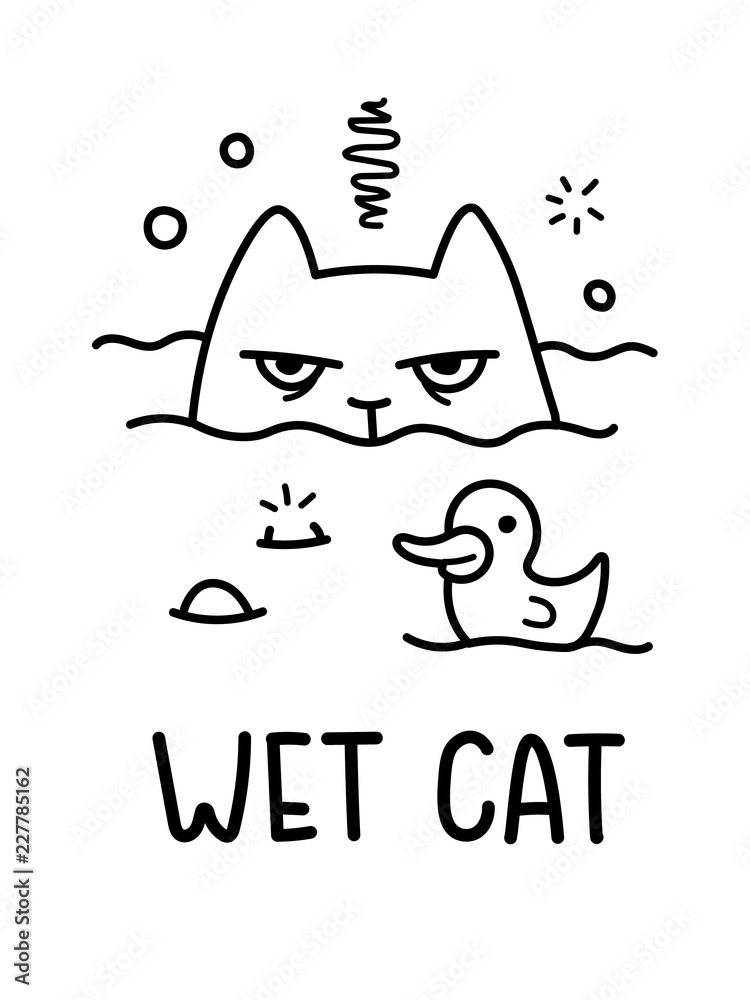 A Black And White Cartoon Vector Illustration Of A Wet Cat Being Bathed  Stock Vector | Adobe Stock