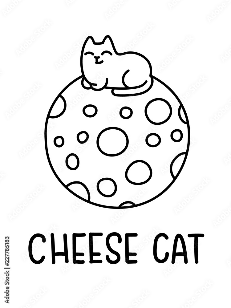 A Black And White Cartoon Vector Illustration Of A Happy Cat Sitting On A  Giant Ball Of Cheese Stock Vector | Adobe Stock