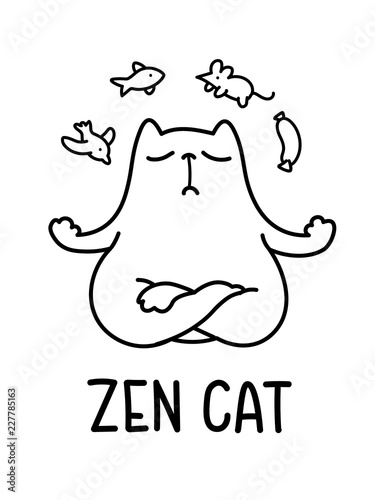A Black And White Cartoon Vector Illustration Of A Zen Cat Meditating