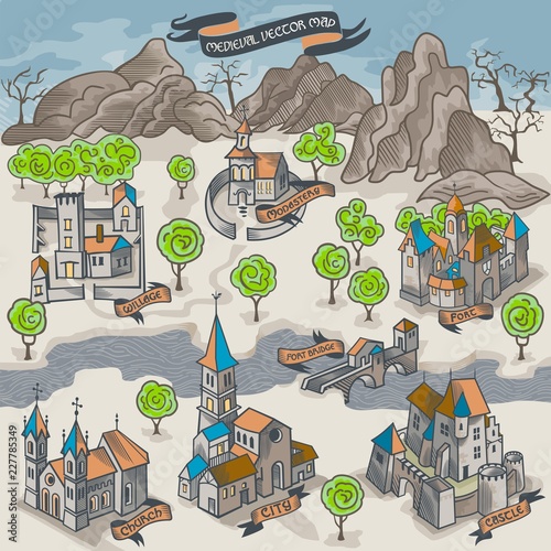 Medieval middle age map elements engraving and woodcut style vector cartography colorful illustration