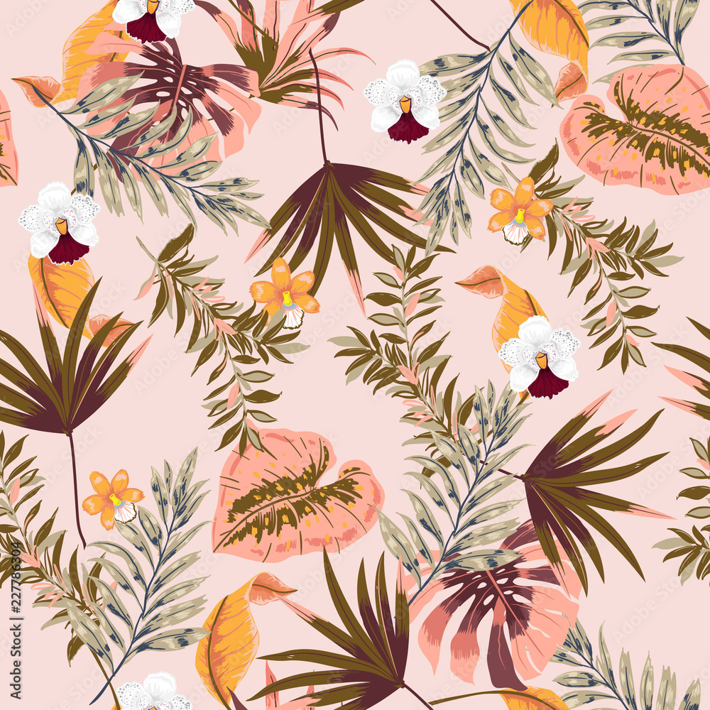 Trendy vector seamless beautiful tropical pattern with exotic forest. Colorful original stylish floral background print, bright rainbow color Trendy vector seamless beautiful tropical pattern with exotic forest. Colorful original stylish floral background print, bright rainbow color