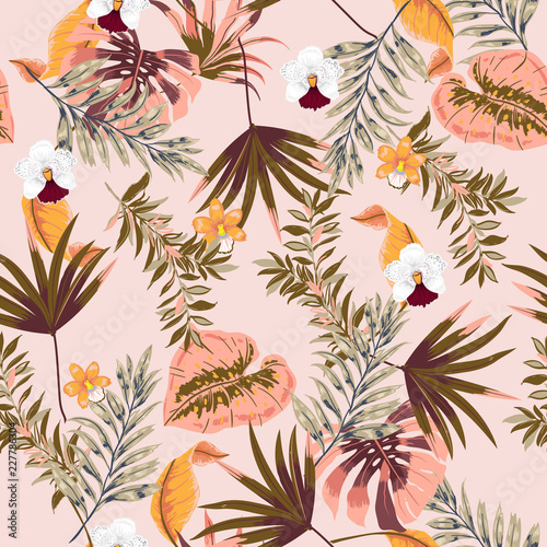 Trendy vector seamless beautiful tropical pattern with exotic forest. Colorful original stylish floral background print, bright rainbow color