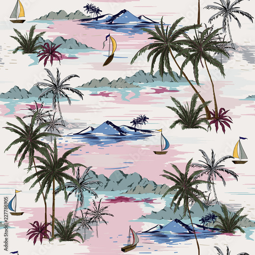 Beautiful seamless island pattern on white background. Landscape with palm trees,beach and ocean vector
