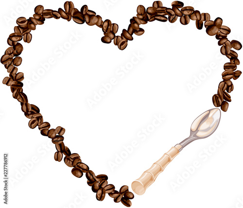 Heart frame shaped coffee beans with spoon