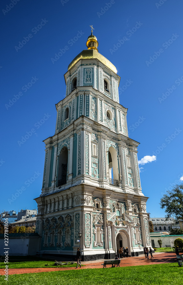 View on bell tower of Saint Sophia Cathedral and bell tower in Kiev is an outstanding architectural monument of Kievan Rus. inscribed on the World Heritage List