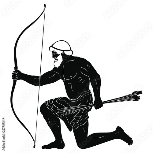 The hero of the ancient Greek myths Odysseus. Warrior with a weapon isolated on a white background. Archer with a bow and arrows in his hands.