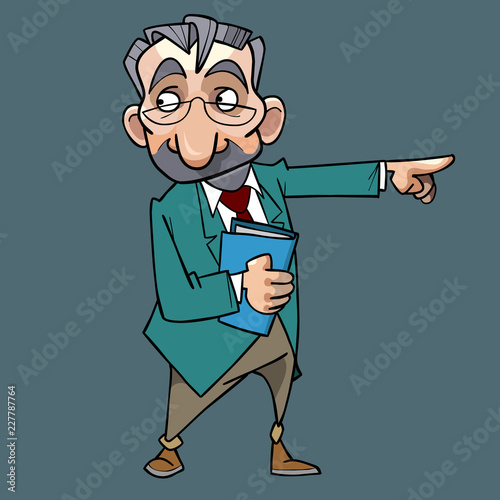 cartoon man in a suit and glasses points his finger to the side