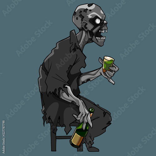 cartoon scary zombie sitting on a chair with a bottle of alcohol