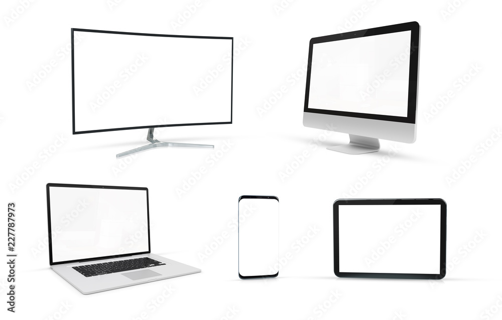 Modern tech devices collection isolated 3d rendering Modern tech devices collection isolated 3d rendering