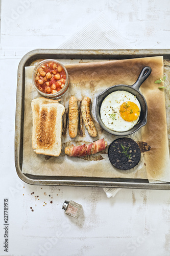 Full English Breakfast Tray on White Background