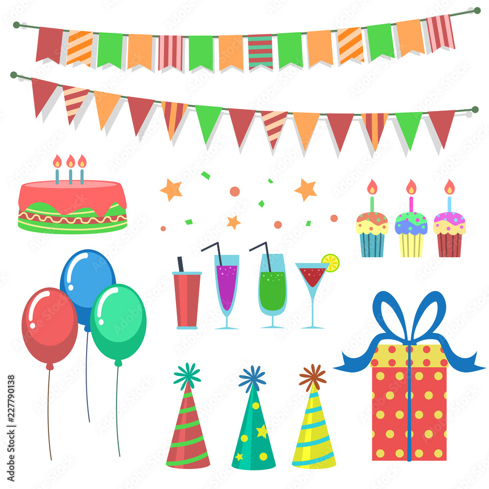 vector flat cartoon doodle party item stuff set in colorful collection vector flat cartoon doodle party item stuff set in colorful collection