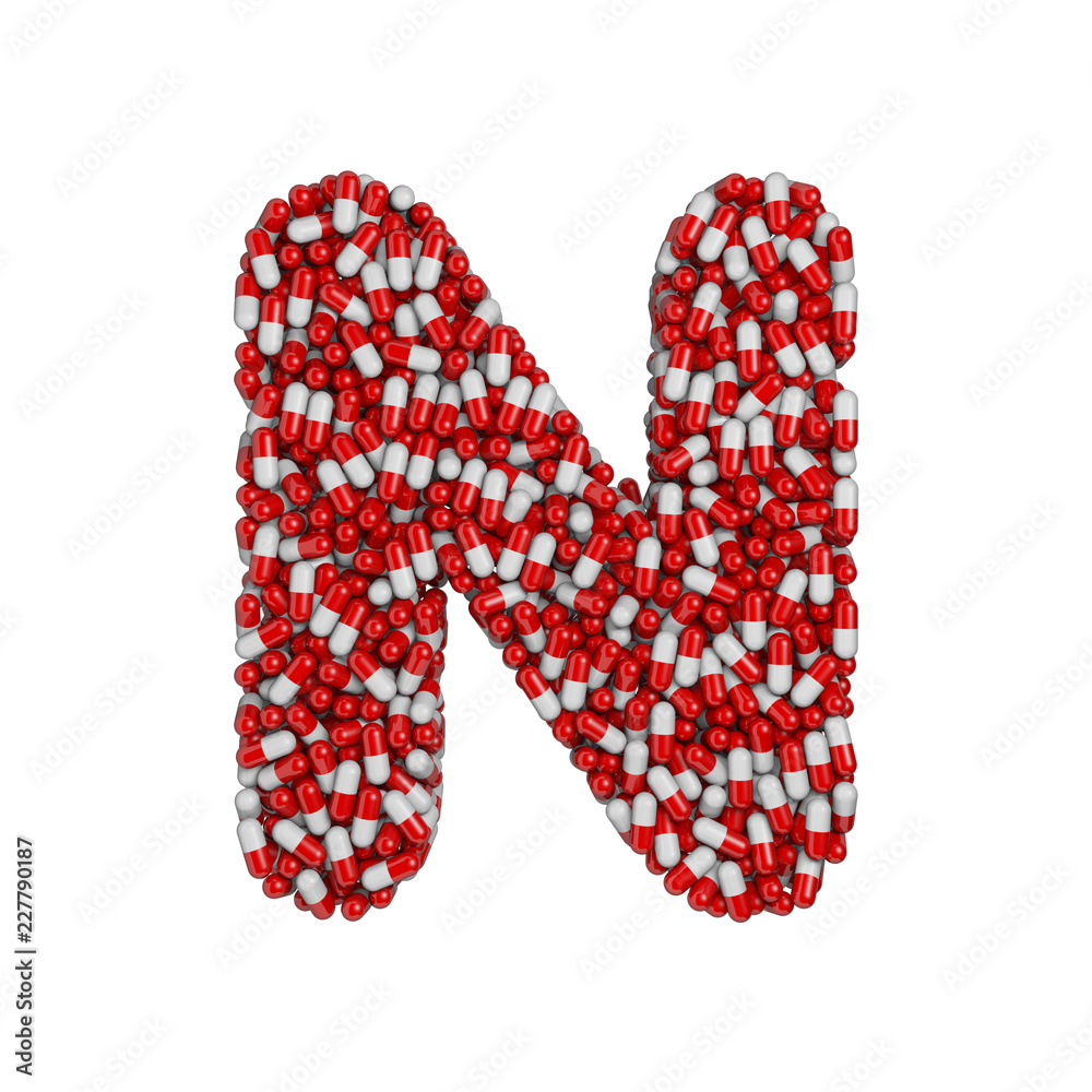 pills letter N - Capital 3d pharmaceutical font - therapy, laboratory or healthcare concept