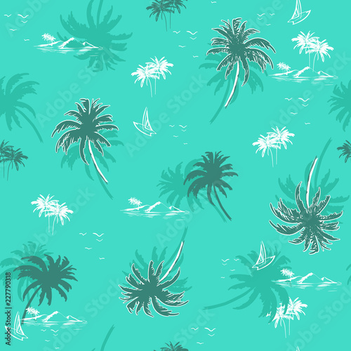 Beautiful seamless island pattern on monotone green mint  background for summer vibes . Landscape  palm trees,beach and ocean