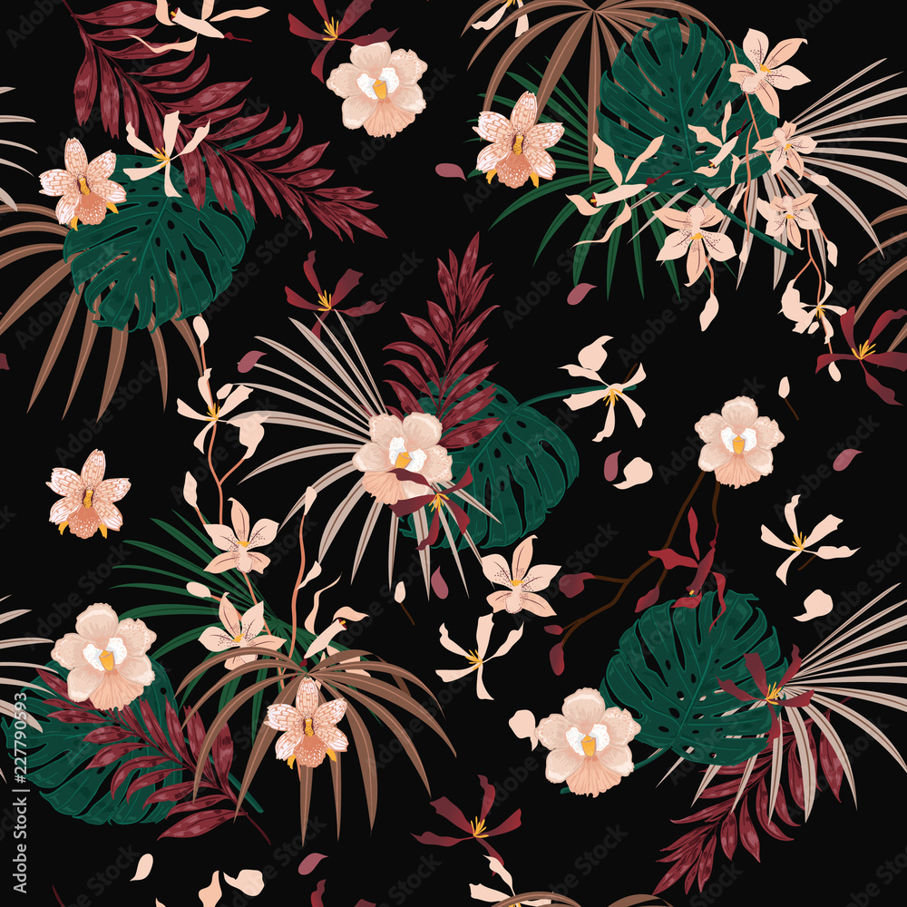 Dark Tropical with flowers palm leaves,Exotic leaf seamless vector floral pattern Dark Tropical with flowers palm leaves,Exotic leaf seamless vector floral pattern