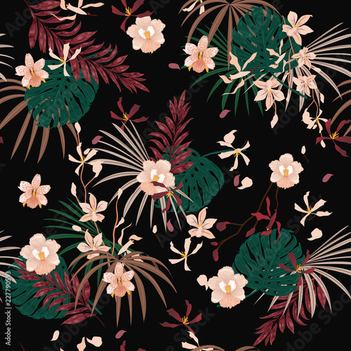 Dark Tropical with flowers palm leaves,Exotic  leaf seamless vector floral pattern