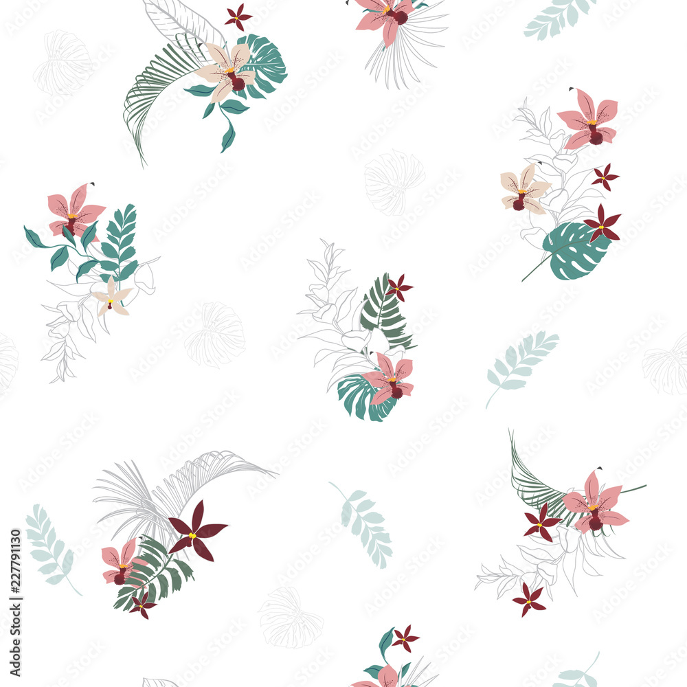 Trendy and Beautiful summer Tropical with blooming flowers palm leaves,with outline Exotic  leaves seamless