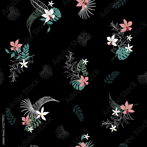 A dark Tropical forest with blooming flowers palm leaves,with outline Exotic  leaves seamless vector floral pattern