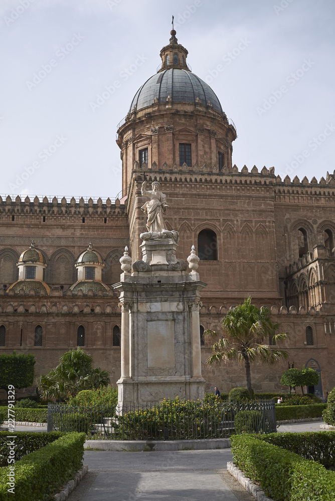 Palermo, Italy - September 07, 2018 : View of Santa Rosalia statue in front of Palermo cathedral