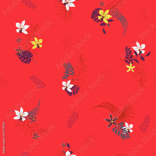 Beautiful summer Bright Tropical with flowers palm leaves with outline Exotic  leaves seamless