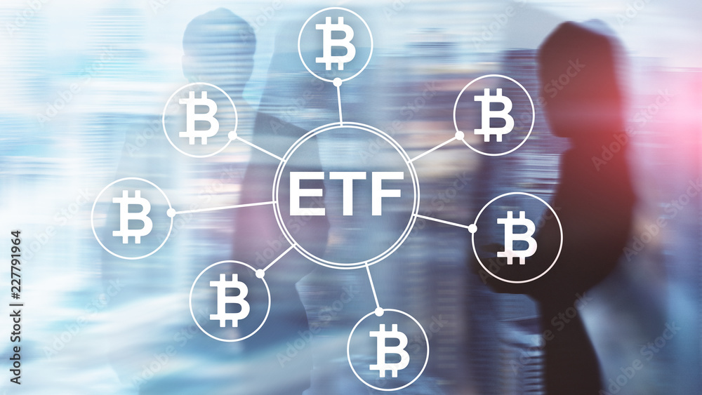 Bitcoin ETF cryptocurrency trading and investment concept on double exposure background. Bitcoin ETF cryptocurrency trading and investment concept on double exposure background.